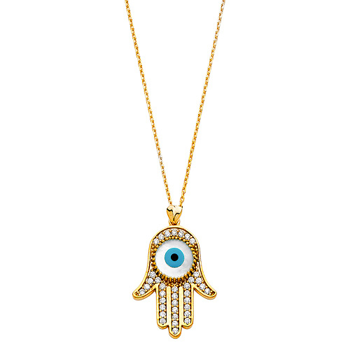 Hamsa Evil Eye Necklace with Micropave CZs in 14K Yellow Gold Slide 1