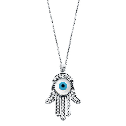 Hamsa Evil Eye Necklace with Micropave CZs in 14K White Gold Slide 1