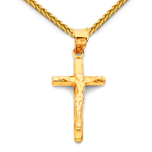 Extra Small Rod Crucifix Necklace with Spiga Wheat Chain - 14K Yellow Gold 16-22in Slide 0