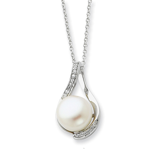 Sterling Silver Cultured Pearl & CZ Forever Necklace Slide 0