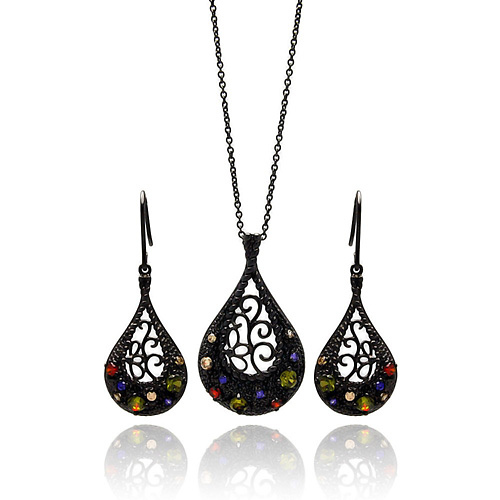 DecoSkye Multi-Color CZ Black Teardrop Jewelry Set Slide 0