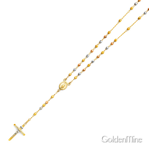4mm Mirrorball Bead Our Lady of Guadalupe Rosary Necklace in 14K TriGold 26in Slide 3