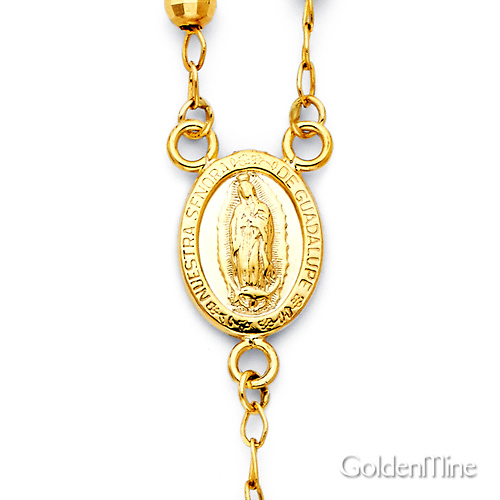 4mm Mirrorball Bead Our Lady of Guadalupe Rosary Necklace in 14K TriGold 26in Slide 1