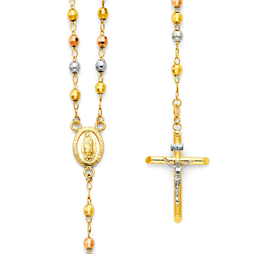 4mm Mirrorball Bead Our Lady of Guadalupe Rosary Necklace in 14K TriGold 26in Slide 0