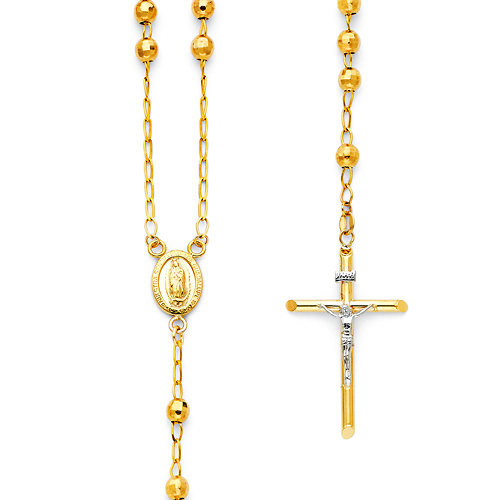 5mm Mirrorball Bead Our Lady of Guadalupe Rosary Necklace in 14K Two-Tone Gold 26in Slide 0