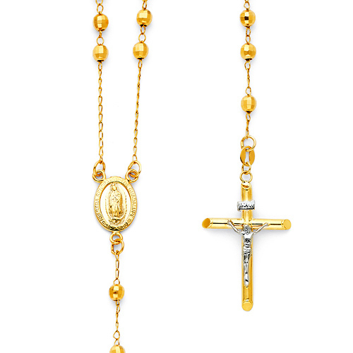 4mm Mirrorball Bead Our Lady of Guadalupe Rosary Necklace in 14K Two-Tone Gold 26in Slide 0