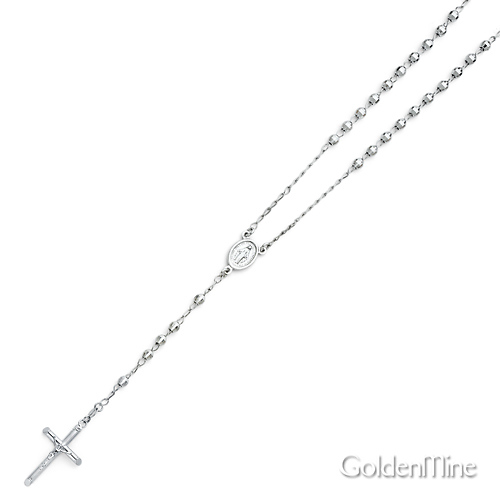 4mm Mirrorball Bead Miraculous Medal Rosary Necklace in 14K White Gold 26in Slide 3