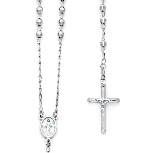 4mm Mirrorball Bead Miraculous Medal Rosary Necklace in 14K White Gold 26in Slide 0