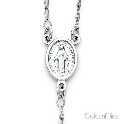 3mm Mirrorball Bead Miraculous Medal Rosary Necklace in 14K White Gold 26in Slide 1