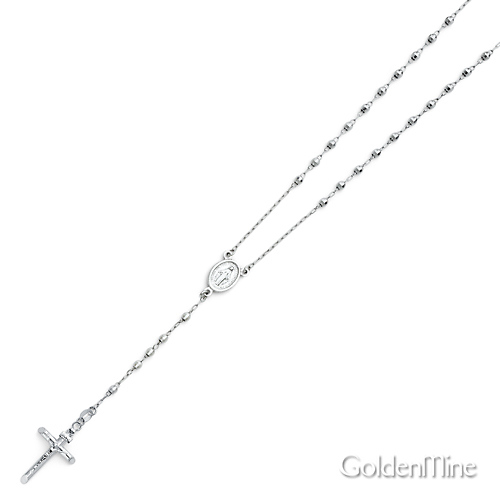 3mm Mirrorball Bead Miraculous Medal Rosary Necklace in 14K White Gold 26in Slide 3