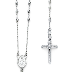 3mm Mirrorball Bead Miraculous Medal Rosary Necklace in 14K White Gold 26in