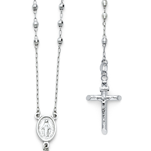 3mm Mirrorball Bead Miraculous Medal Rosary Necklace in 14K White Gold 26in Slide 0