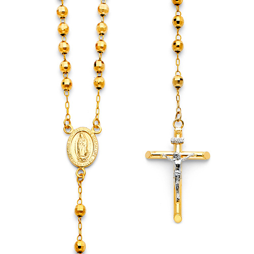 4mm Mirrorball Bead Our Lady of Guadalupe Rosary Necklace in 14K Two-Tone Gold 20in Slide 0