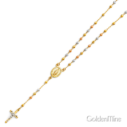 3mm Moon-Cut Bead Our Lady of Guadalupe Rosary Necklace in 14K TriGold 18in Slide 3