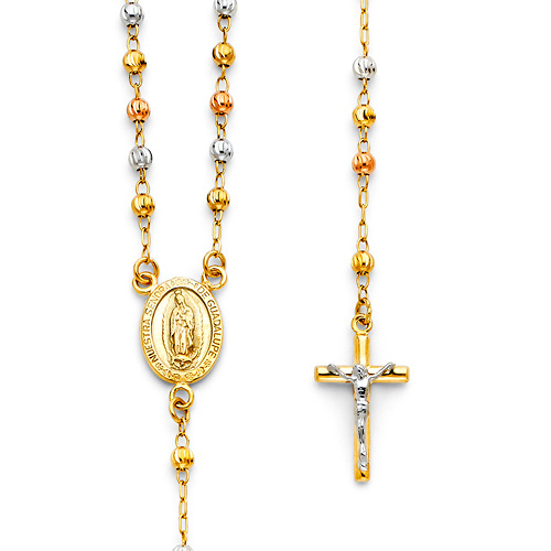 3mm Moon-Cut Bead Our Lady of Guadalupe Rosary Necklace in 14K TriGold 18in Slide 0