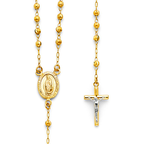 3mm Moon-Cut Bead Our Lady of Guadalupe Rosary Necklace in 14K Two-Tone Gold 18in Slide 0