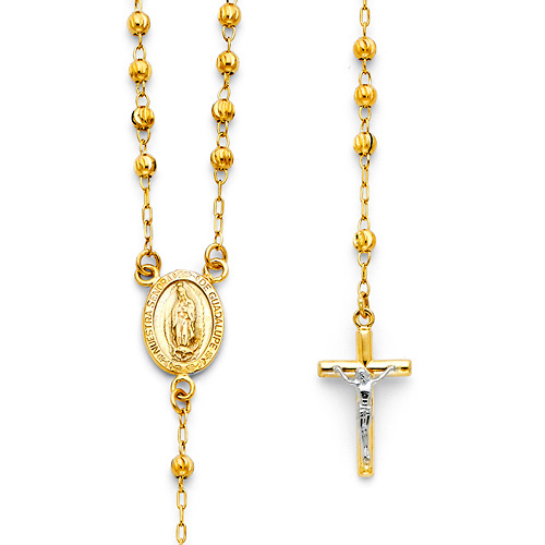 thumbnail image 2 of Men's 25" Silver & Gold Plated Rosary Bead Necklace – 4mm Guadalupe & Jesus Cross, Hip Hop Style 2 of 5