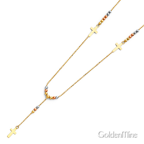 2mm Mirrorball Bead Protestant Rosary Necklace in 14K Tricolor Gold - Floating Crosses Slide 1