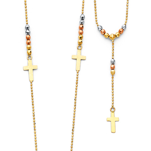 2mm Mirrorball Bead Protestant Rosary Necklace in 14K Tricolor Gold - Floating Crosses Slide 0