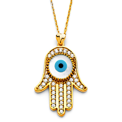 Hamsa Evil Eye Necklace with Micropave CZs in 14K Yellow Gold Slide 0