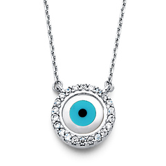 Floating Cubic Zirconia CZ Circle Evil Eye Necklace in 14K White Gold