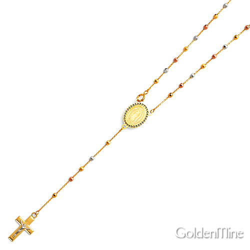 2.5mm Mirrorball Bead Our Lady of Guadalupe Rosary Necklace in 14K TriGold 20in Slide 3