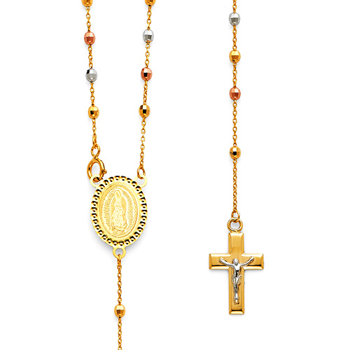 2.5mm Mirrorball Bead Our Lady of Guadalupe Rosary Necklace in 14K TriGold 20in Slide 0