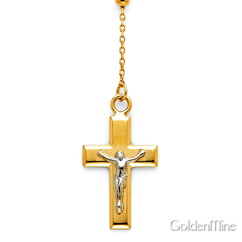 2.5mm Mirrorball Bead Guadalupe Rosary Necklace in Two-Tone 14K Yellow Gold 20in Slide 2