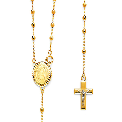 2.5mm Mirrorball Bead Guadalupe Rosary Necklace in Two-Tone 14K Yellow Gold 20in Slide 0