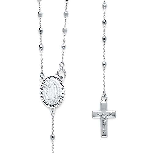2.5mm Mirrorball Bead Our Lady of Guadalupe Rosary Necklace in 14K White Gold 20in Slide 0