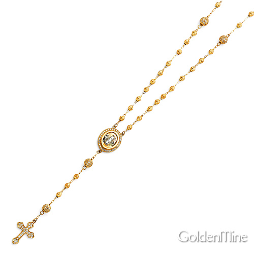 3mm Protestant Moon-Cut Bead CZ Rosary Necklace in Two-Tone 14K Yellow Gold 17'+1' Slide 3