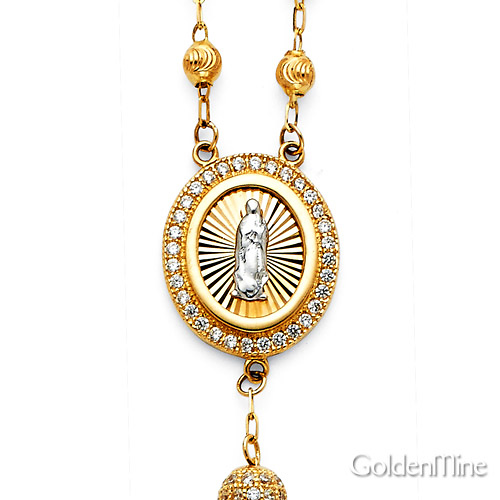 3mm Protestant Moon-Cut Bead CZ Rosary Necklace in Two-Tone 14K Yellow Gold 17'+1' Slide 1
