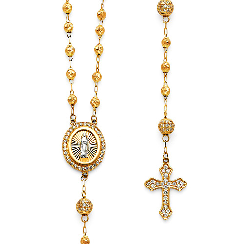 3mm Protestant Moon-Cut Bead CZ Rosary Necklace in Two-Tone 14K Yellow Gold 17'+1' Slide 0