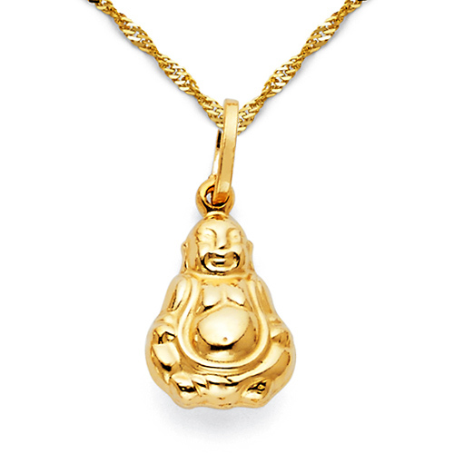 Laughing God Hotei Buddha Necklace Singapore Chain - 14K Yellow Gold (16-22in) Slide 0