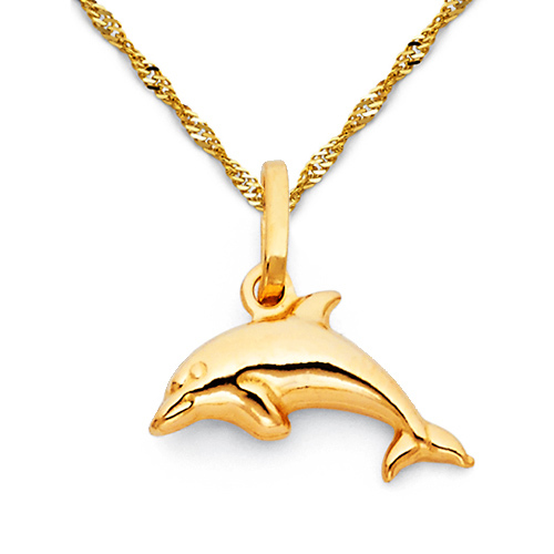 Mini Jumping Dolphin Necklace with Singapore Chain - 14K Yellow Gold 16-22in Slide 0