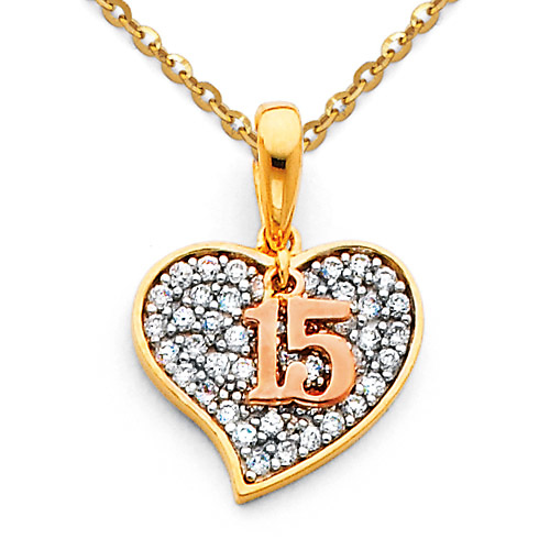 Quinceanera 15 Anos CZ Heart Charm Necklace with Cable Chain - 14K TriGold 16-22in Slide 0