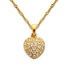 CZ Cluster Petite Heart Charm Necklace with Singapore Chain - 14K Yellow Gold 16-22in