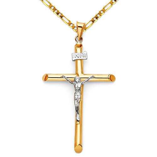 Large Rod Crucifix Necklace with Figaro Chain - 14K Two-Tone Gold 16-24in Slide 0