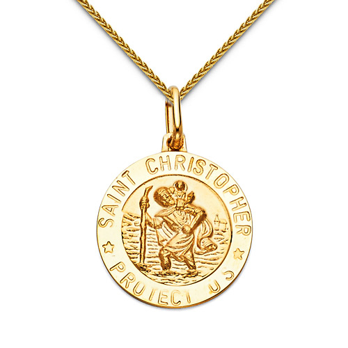Small St. Christopher Medal Necklace with Braided Wheat Chain - 14K Yellow Gold (16-22in) Slide 0