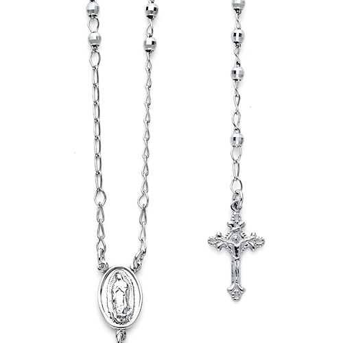 3mm Mirrorball Bead Our Lady of Guadalupe Rosary Necklace in Sterling Silver with Budded Crucifix 26in Slide 0