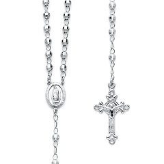 4mm Mirrorball Bead Our Lady of Guadalupe Rosary Necklace in Sterling Silver with Budded Crucifix 20in