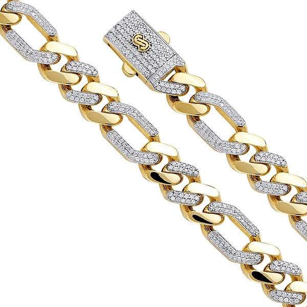 Men's 11.5mm MONACO CHAIN 14K Yellow Gold  CZ Figaro Bracelet with CZ Lock 8.5in Slide 0