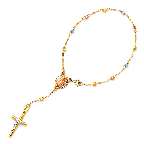 3mm Moon-Cut Bead Our Lady of Guadalupe Rosary Bracelet in 14K TriGold Slide 0