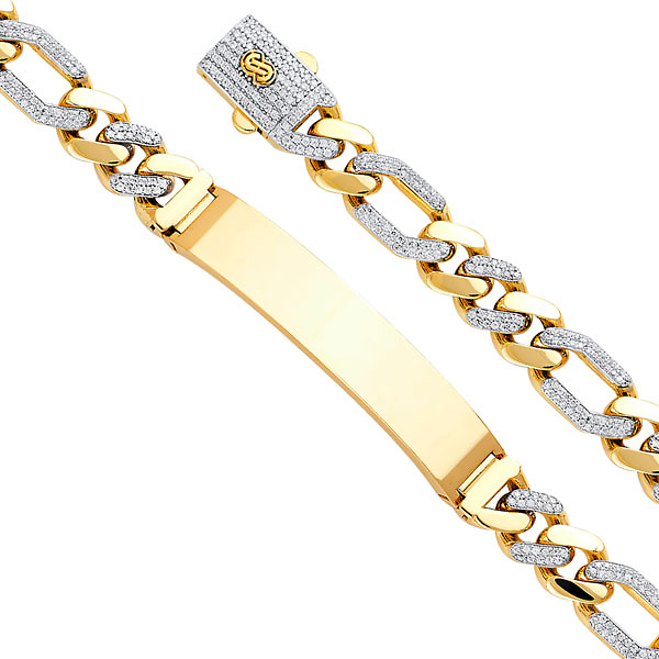 9.5mm MONACO CHAIN 14K Yellow Gold Men's  CZ Figaro Bracelet with Plain ID 8.5in Slide 0