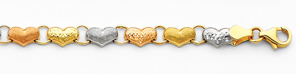 Tri-Color Diamond Cut Stampato Heart 14K Gold Bracelet 5mm Slide 1