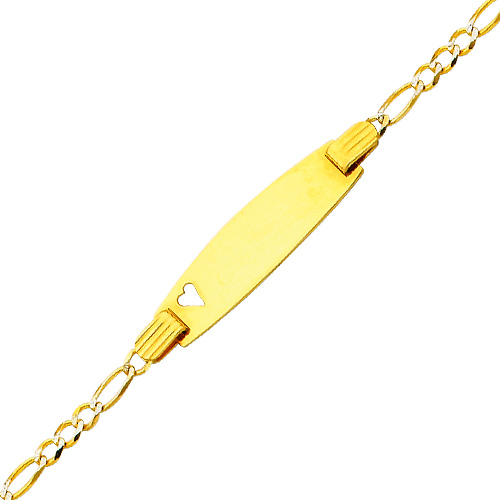 2.5mm 14K Yellow Gold White Pave Heart Figaro Link ID Bracelet - Children, Women Slide 0
