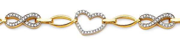 Duo Infinity & Heart CZ 14K Yellow Gold Charm Bracelet Slide 1