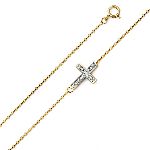 Dazzling CZ Filled Sideways Cross Bracelet in 14K Two Tone Gold 7in Slide 0