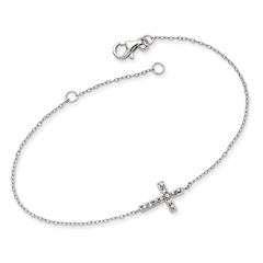 Sterling Silver CZ Sideways Cross Bracelet With 1in Extension