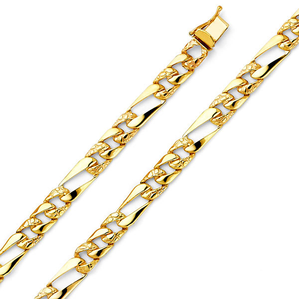 6mm Men's 14K Yellow Gold Oval Nugget Figaro Chain Bracelet 7in Slide 0